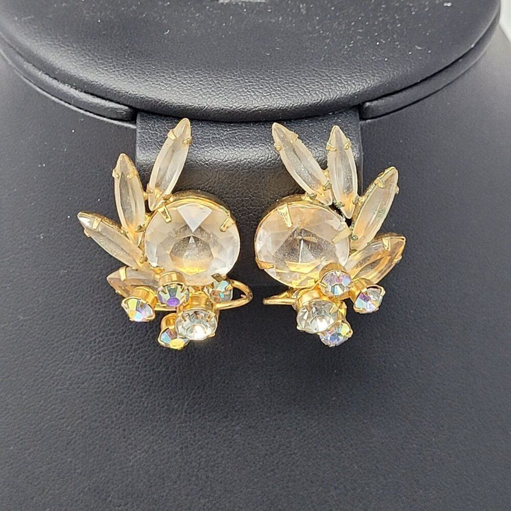 Vintage Gold-Tone Crystal Rhinestone Climber Clip-On Earrings AB Leaf Bridal